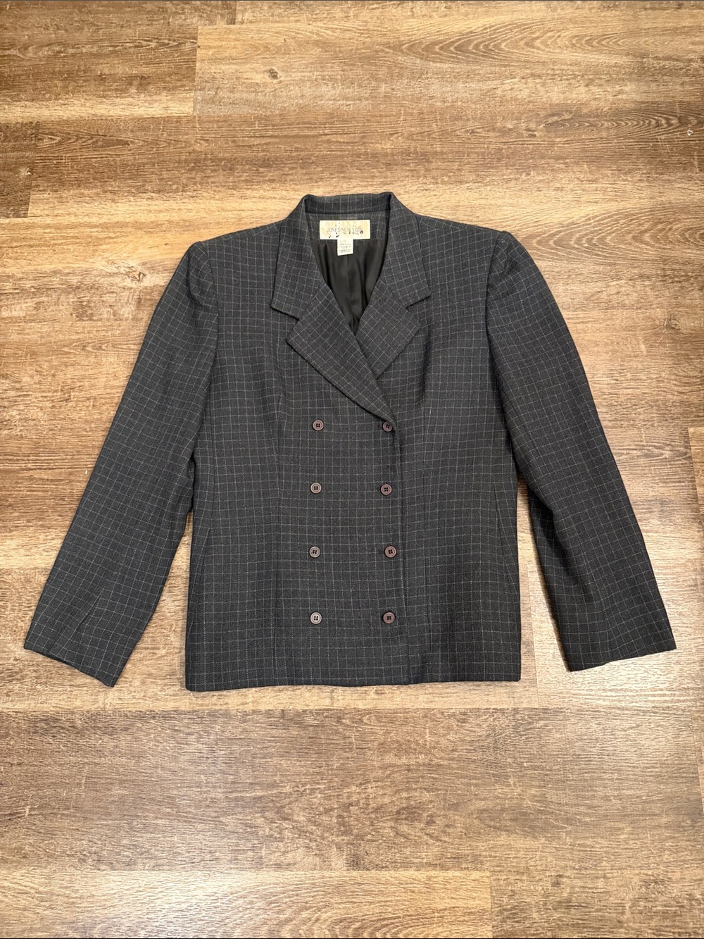 Vintage 100% Wool Jones NY Double-Breasted Women's Blazer - Charcoal Windowpane